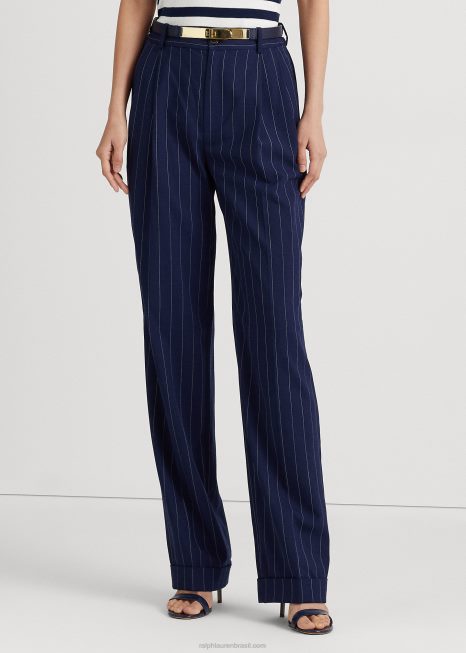 calça reta sarja risca de giz BD6J4888 mulheres Ralph Lauren marinho refinado/branco