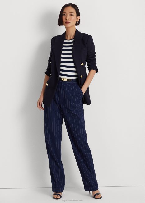 calça reta sarja risca de giz BD6J9563 mulheres Ralph Lauren marinho refinado/branco