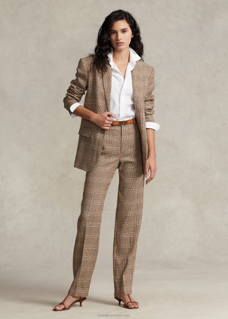 calça xadrez tweed lã linho BD6J3220 mulheres Ralph Lauren xadrez rosa marrom