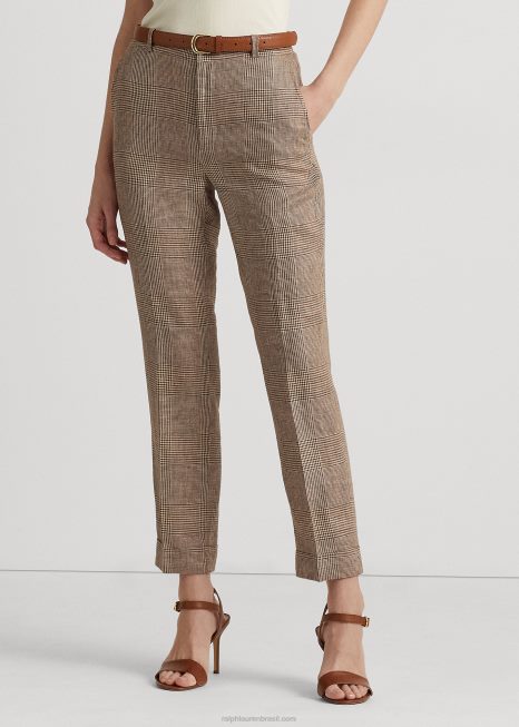 glen calça de linho xadrez BD6J4372 mulheres Ralph Lauren marrom/creme multi