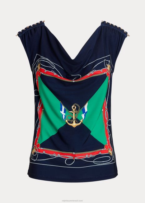 top de gola alta sem mangas em jérsei estampado BD6J4847 mulheres Ralph Lauren marinho/verde multi