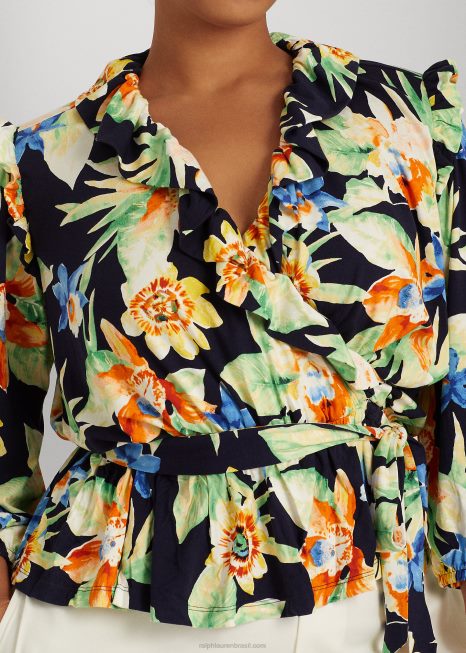 top peplum com cinto em jérsei floral BD6J4791 mulheres Ralph Lauren marinho multi