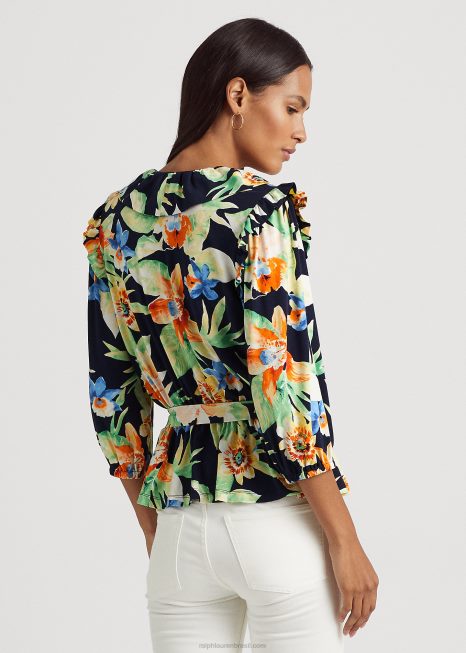 top peplum com cinto em jérsei floral BD6J4869 mulheres Ralph Lauren marinho multi