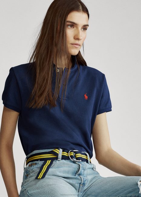 camisa pólo de malha de ajuste clássico BD6J9234 mulheres Ralph Lauren newport marinho/vermelho