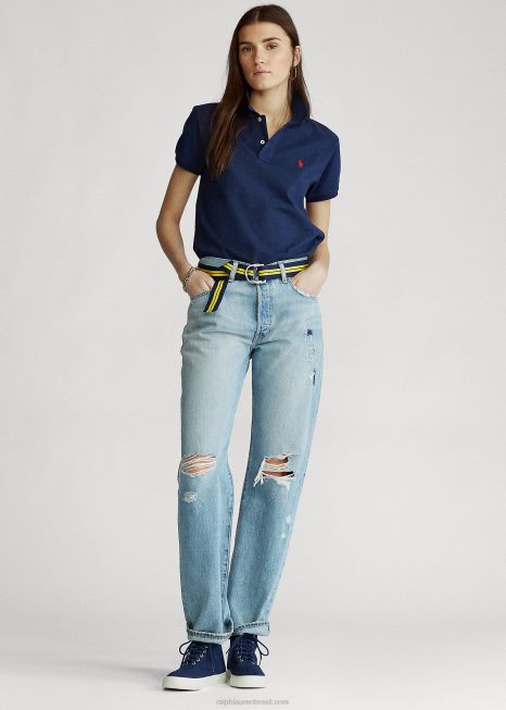 camisa pólo de malha de ajuste clássico BD6J9234 mulheres Ralph Lauren newport marinho/vermelho