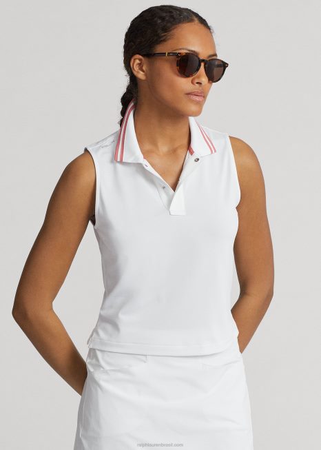 camisa polo cropped piquê stretch BD6J9398 mulheres Ralph Lauren cerâmica branca/rosa