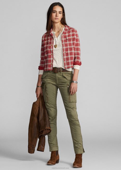 camisa de acampamento de jérsei com estampa xadrez BD6J3649 mulheres Ralph Lauren vermelho multi