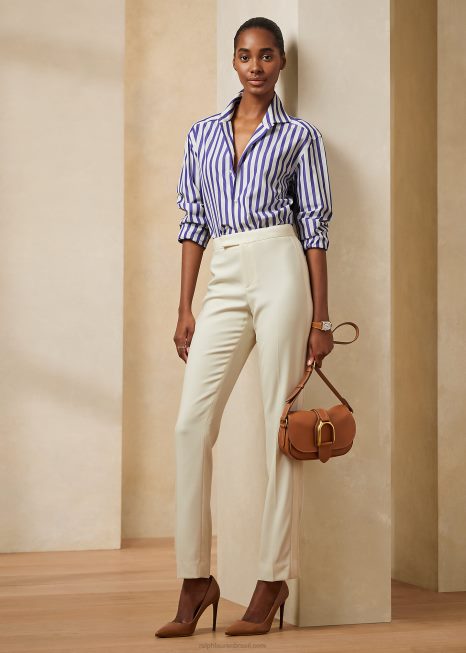 camisa de algodão listrada BD6J9336 mulheres Ralph Lauren branco/azul clássico