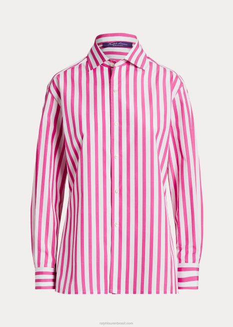 camisa de algodão listrada BD6J9337 mulheres Ralph Lauren chiclete rosa/branco