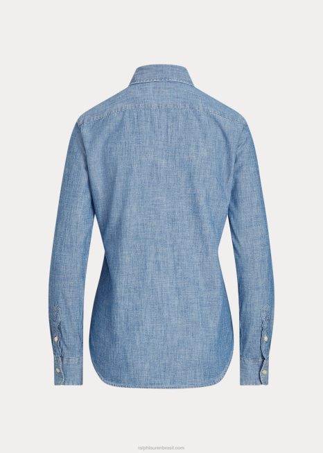 camisa de cambraia de algodão de ajuste reto BD6J4753 mulheres Ralph Lauren bsr índigo