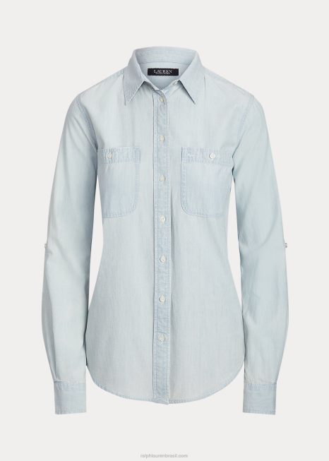 camisa de cambraia de algodão manga com aba BD6J4226 mulheres Ralph Lauren lavagem de cambraia