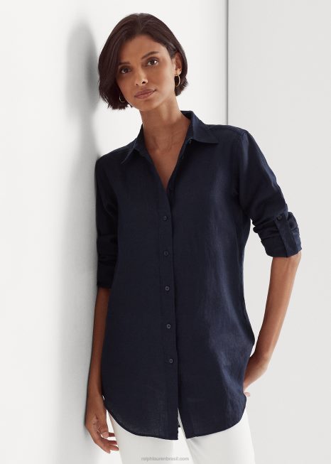 camisa de linho BD6J4174 mulheres Ralph Lauren marinha