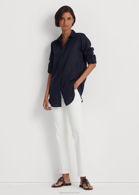 camisa de linho BD6J4174 mulheres Ralph Lauren marinha