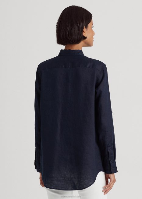 camisa de linho BD6J4174 mulheres Ralph Lauren marinha