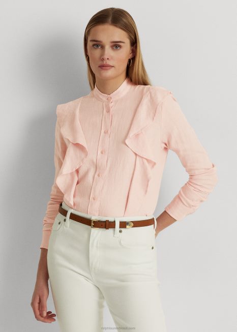 camisa de linho com babados BD6J4414 mulheres Ralph Lauren Rosa pálido