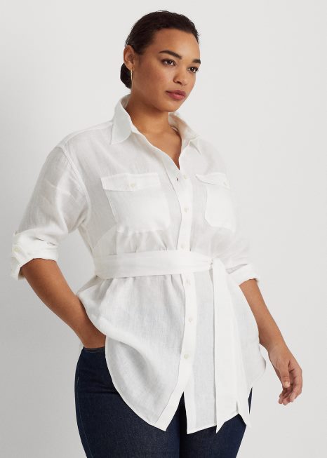 camisa de linho com cinto BD6J4630 mulheres Ralph Lauren branco