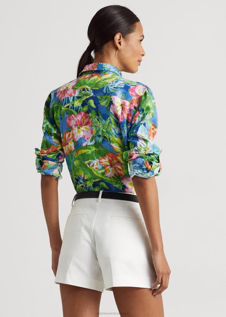 camisa de linho floral BD6J4343 mulheres Ralph Lauren multi verde/azul