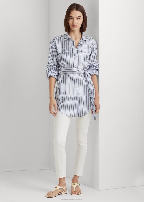 camisa de linho listrada com cinto BD6J3986 mulheres Ralph Lauren multi azul/branco