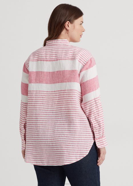 camisa de linho oversize listrada BD6J4546 mulheres Ralph Lauren rosa esporte/branco
