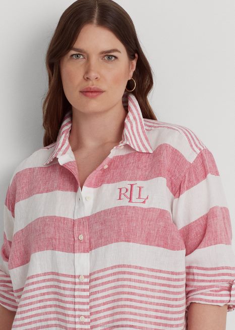 camisa de linho oversize listrada BD6J4546 mulheres Ralph Lauren rosa esporte/branco