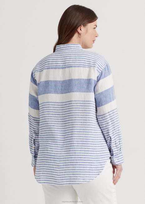 camisa de linho oversize listrada BD6J4547 mulheres Ralph Lauren saturno azul/branco