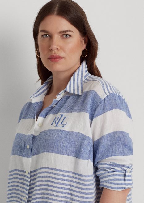 camisa de linho oversize listrada BD6J4547 mulheres Ralph Lauren saturno azul/branco