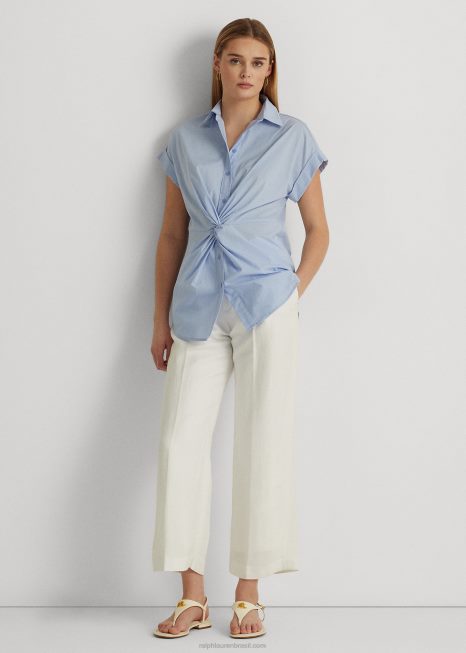 camisa de manga curta de algodão com torção frontal BD6J4067 mulheres Ralph Lauren seixo azul