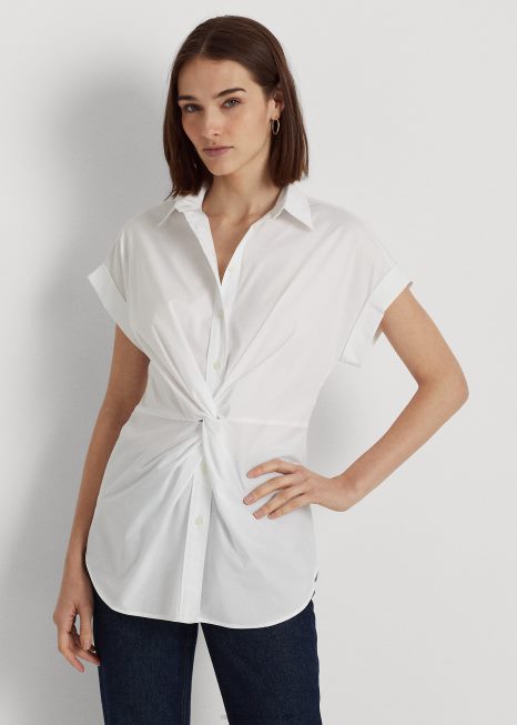 camisa de manga curta de algodão com torção frontal BD6J4456 mulheres Ralph Lauren branco