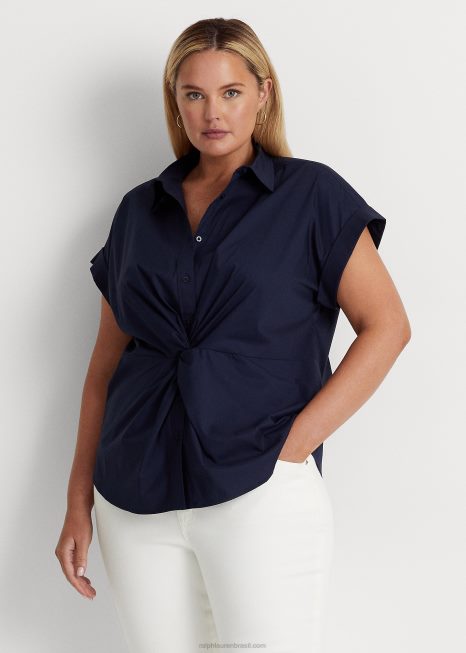 camisa de manga curta de algodão com torção frontal BD6J4625 mulheres Ralph Lauren marinha refinada