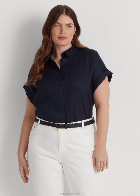 camisa de manga de dolman de linho BD6J4498 mulheres Ralph Lauren marinha