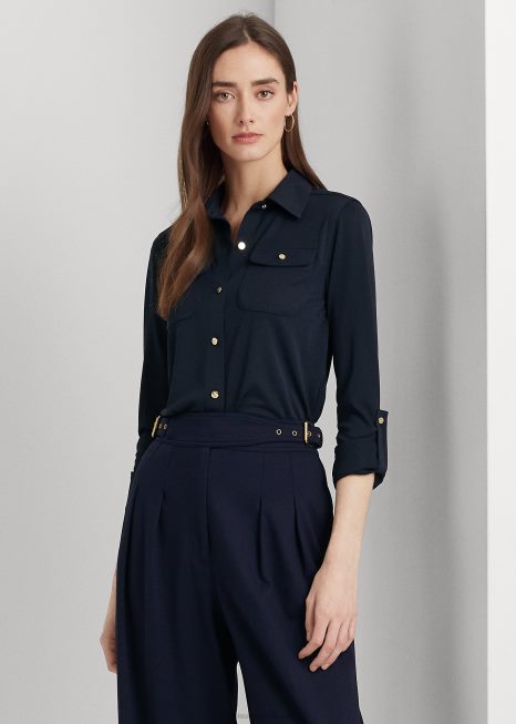 camisa de manga roll-tab BD6J9153 mulheres Ralph Lauren marinha