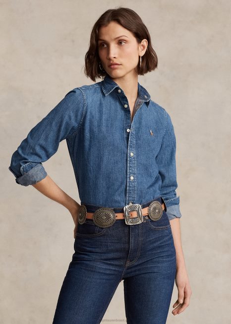 camisa jeans reta BD6J3161 mulheres Ralph Lauren lavagem mercê
