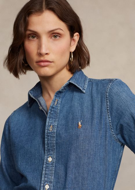 camisa jeans reta BD6J3161 mulheres Ralph Lauren lavagem mercê