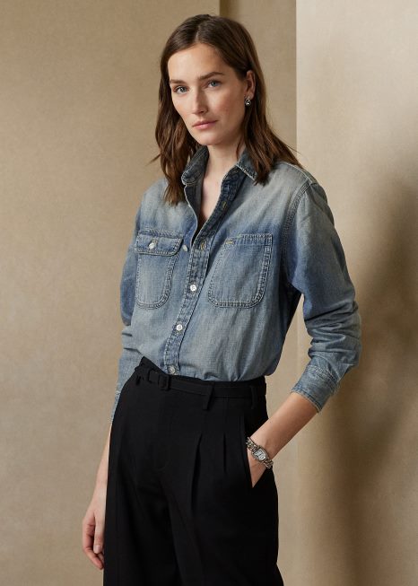 camisa jeans tâmia linho linho BD6J3467 mulheres Ralph Lauren índigo claro