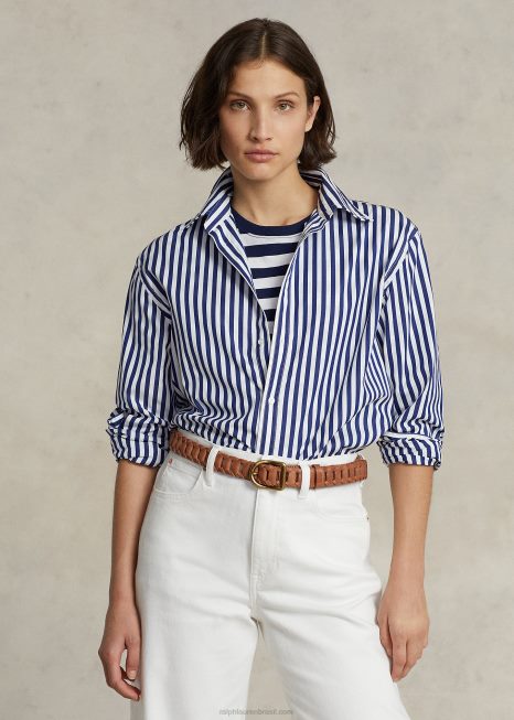 camisa listrada de botão em algodão elástico BD6J9164 mulheres Ralph Lauren 1323 outono real/branco
