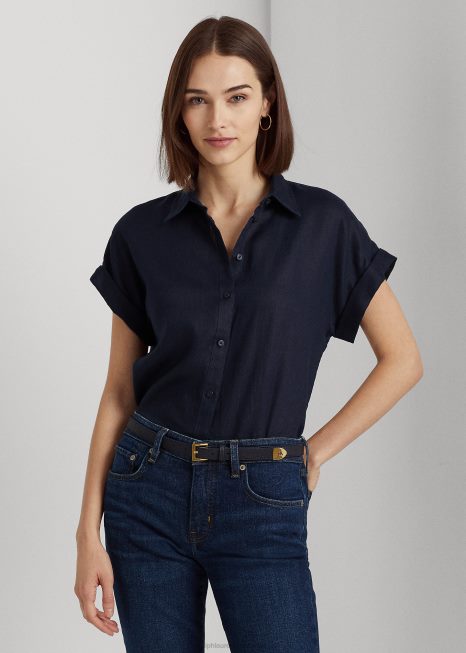 camisa manga curta linho BD6J4286 mulheres Ralph Lauren marinha
