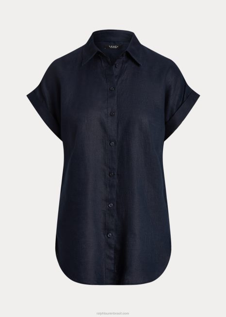 camisa manga curta linho BD6J4286 mulheres Ralph Lauren marinha