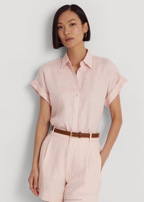 camisa manga curta linho BD6J4287 mulheres Ralph Lauren Rosa pálido