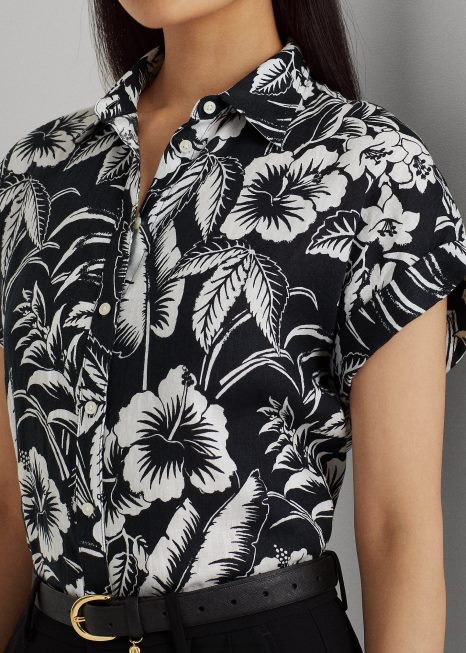 camisa manga curta linho floral BD6J3857 mulheres Ralph Lauren Preto branco