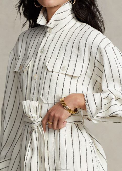 camisa utilitária de linho listrada com cinto BD6J3190 mulheres Ralph Lauren listra creme/marrom