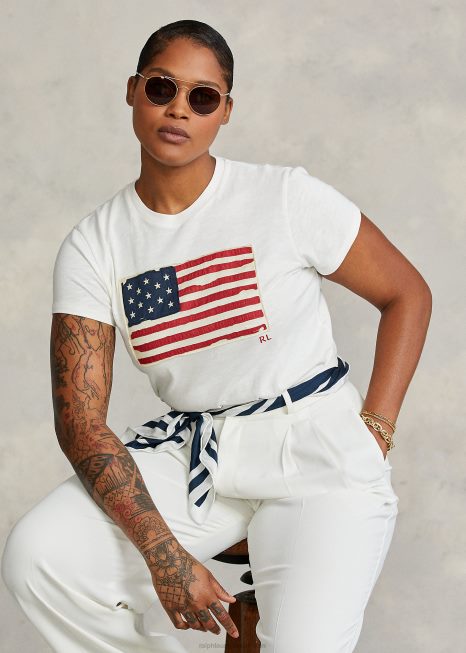 camiseta com estampa de jersey de bandeira BD6J3356 mulheres Ralph Lauren creme