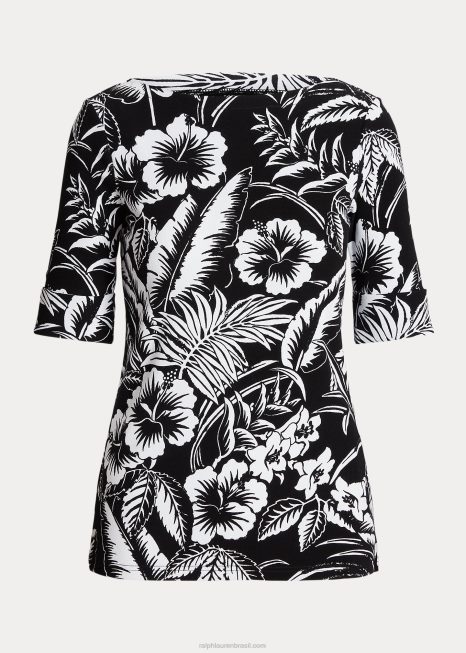camiseta de algodão stretch floral BD6J4346 mulheres Ralph Lauren Preto branco