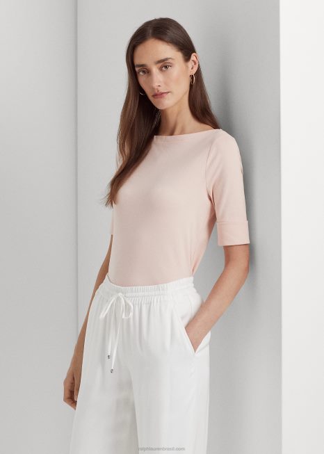 camiseta de gola canoa de algodão elástico BD6J3939 mulheres Ralph Lauren rosa pálida
