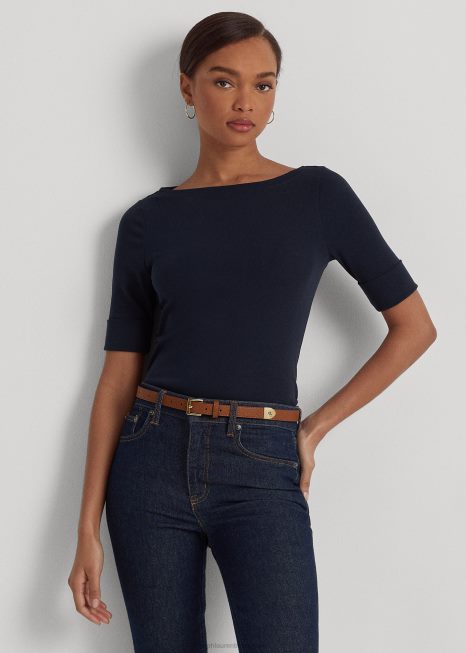 camiseta de gola canoa de algodão elástico BD6J3941 mulheres Ralph Lauren marinha