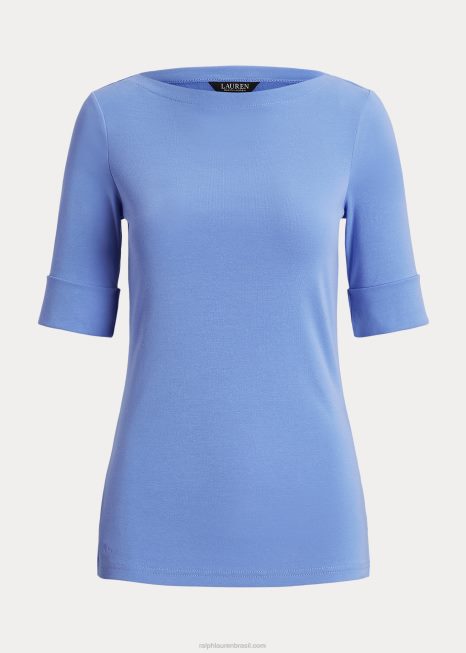 camiseta de gola canoa de algodão elástico BD6J3943 mulheres Ralph Lauren névoa azul