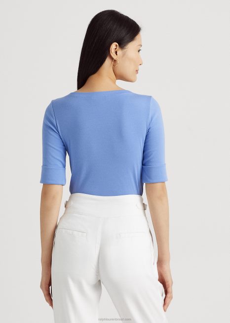 camiseta de gola canoa de algodão elástico BD6J3943 mulheres Ralph Lauren névoa azul