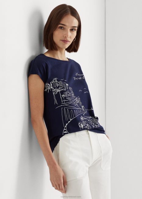 camiseta de jérsei gráfico BD6J9475 mulheres Ralph Lauren marinha refinada