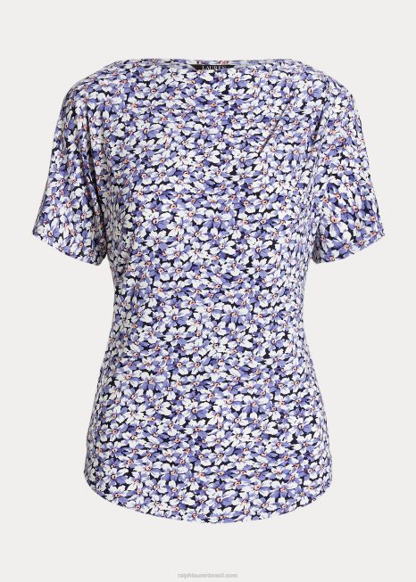 camiseta de jérsei stretch plissada floral BD6J3960 mulheres Ralph Lauren azul/creme/rosa