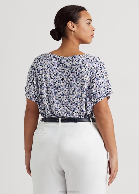 camiseta de jérsei stretch plissada floral BD6J4593 mulheres Ralph Lauren azul/creme/rosa