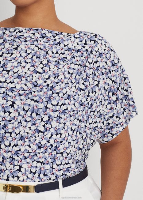 camiseta de jérsei stretch plissada floral BD6J4593 mulheres Ralph Lauren azul/creme/rosa